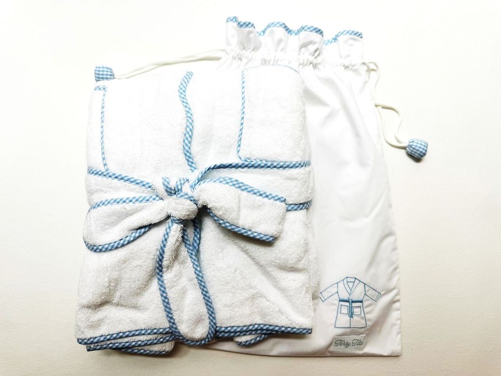 Terry Tots Bathrobe in White with Blue Gingham 2T