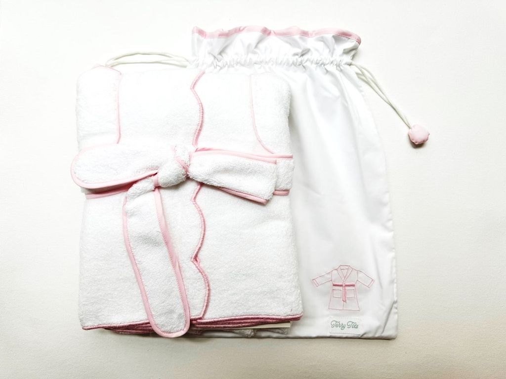 Terry Tots Bathrobe in White with Pink Stripe Trim 2T