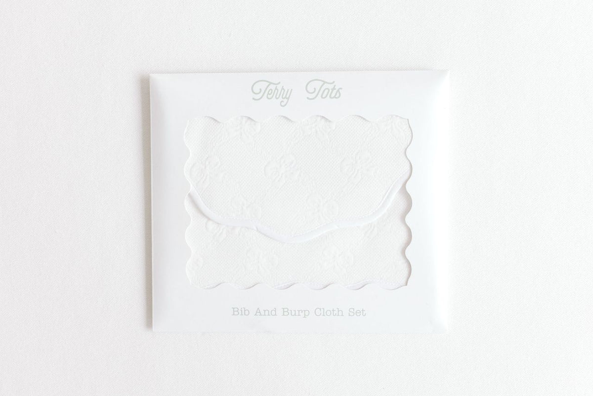 Terry Tots Bib & Burp Set in White Jacquard Bows