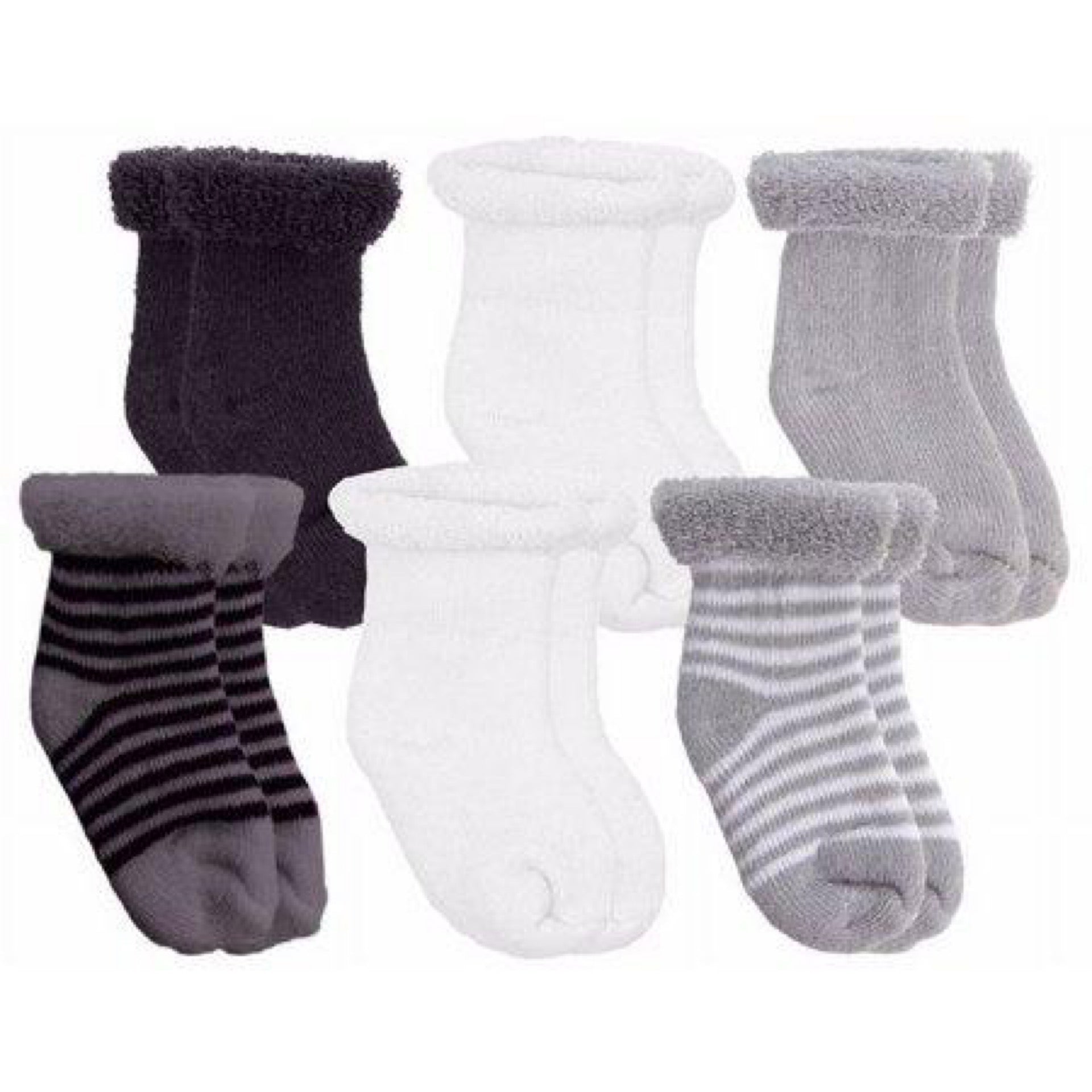 Kushies 6-Pack Grey & Black Terry Infant Striped & Solid Cotton Socks