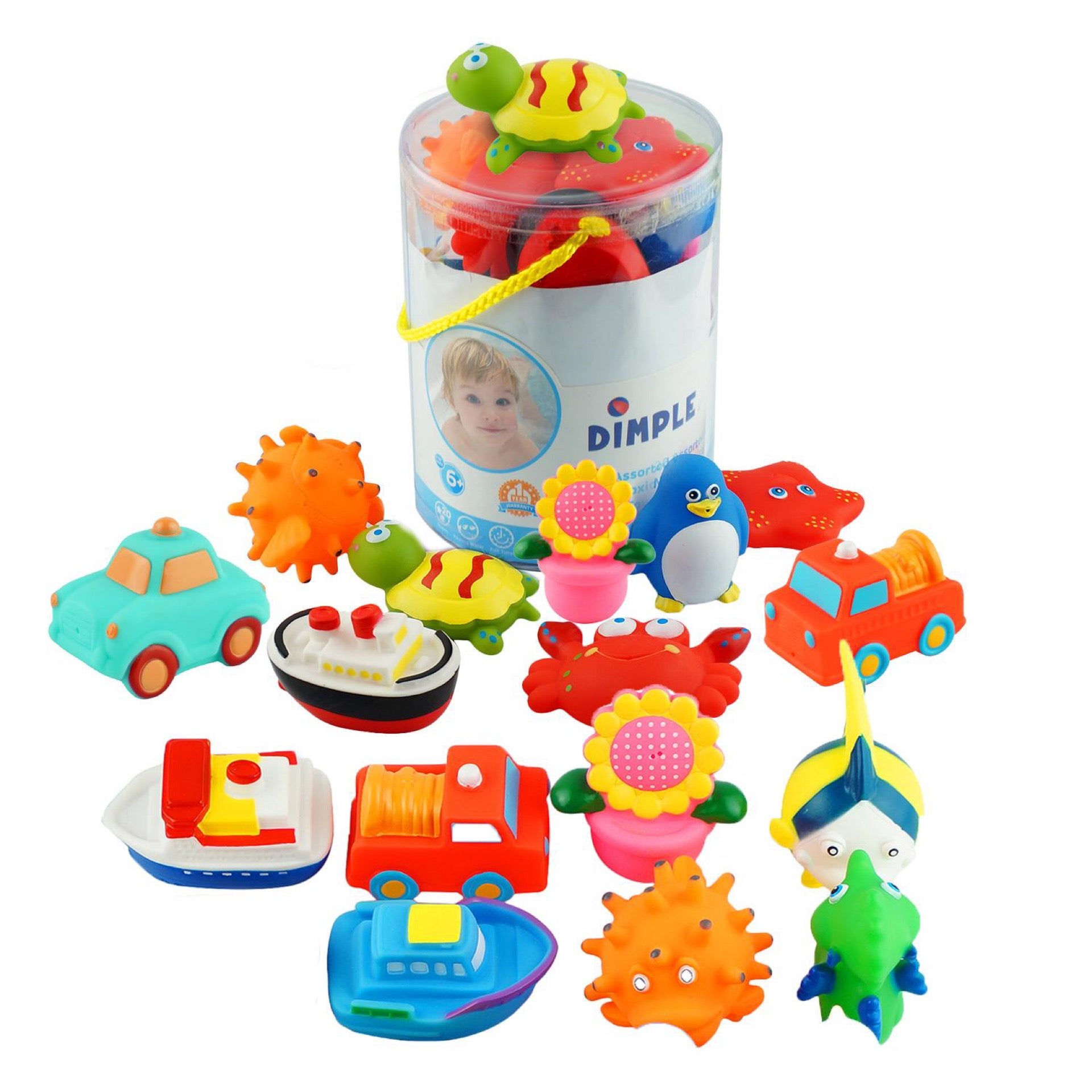 Dimple Set of Floating Bath Toys with 20 Different Sea Animals, Vehicles & Shapes, Squirter Toys for Kids