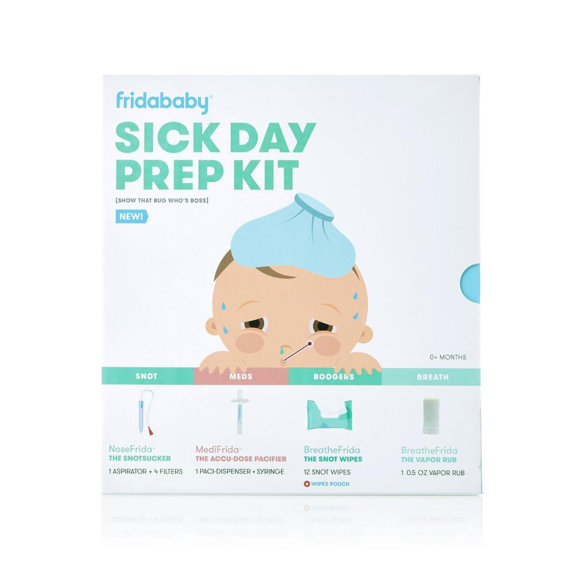 Fridababy Sick Day Prep Kit: Superhero Survival Sidekit Snotsucker Accu-dose Pacifier Snot Wipes and Vapor Rub