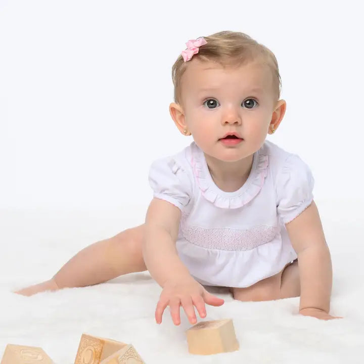 Magnolia Baby Essentials Solid White/Pink Smocked Bubble