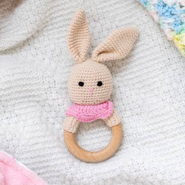 Bunny Hand Crochet Rattle, Ivory & Pink