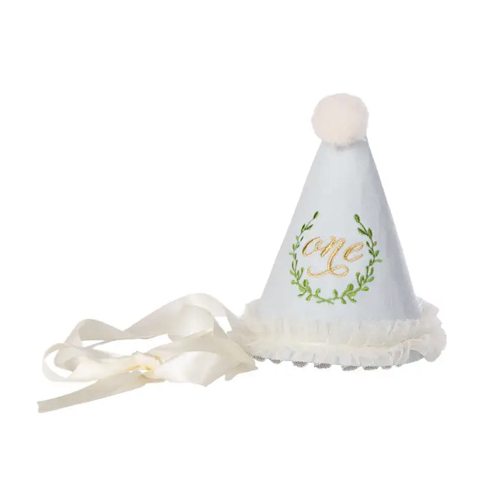 One Party Hat with Laurel Wreath Embroidery - Blue