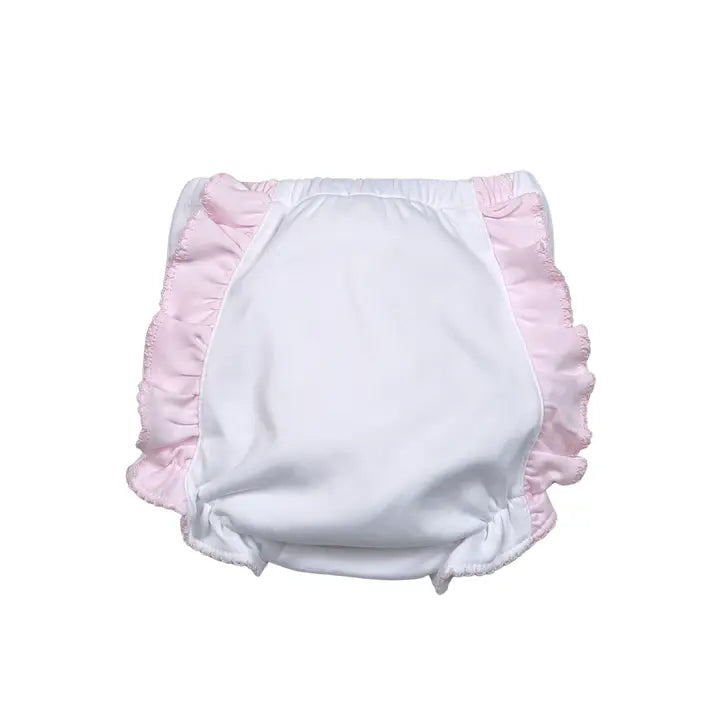 Monogram Me White Pima Diaper Cover with Pink Ruffle