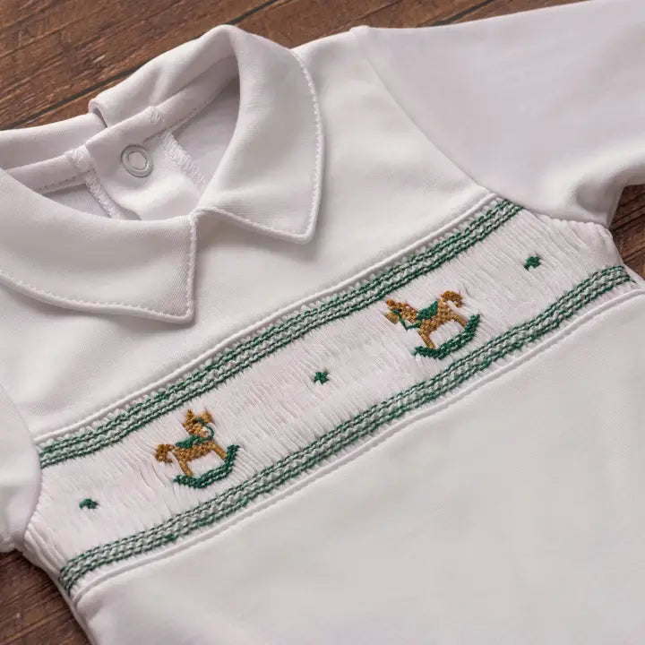 Almudena Baby Green Rocking Horse Smocked Footie
