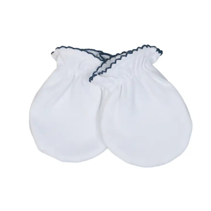 Baby Loren White Pima Mittens with Navy Trim