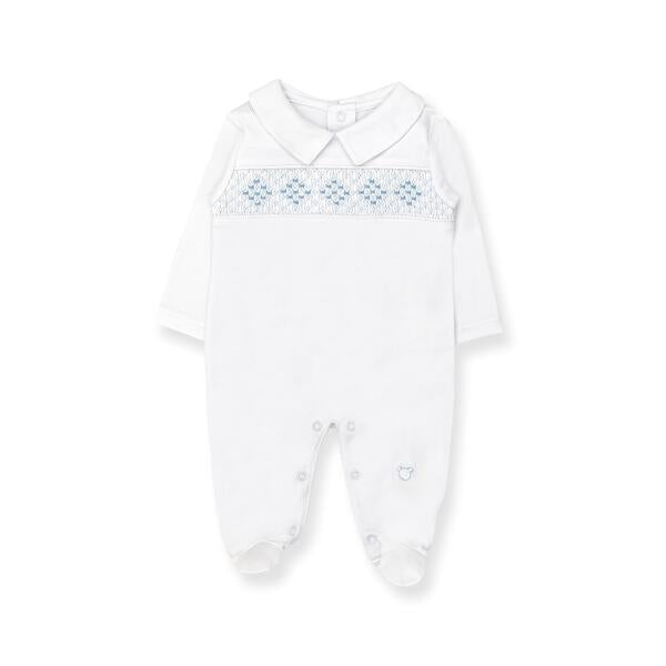 Tecomoabesos Hand Smocked Pima Playsuit in White & Blue