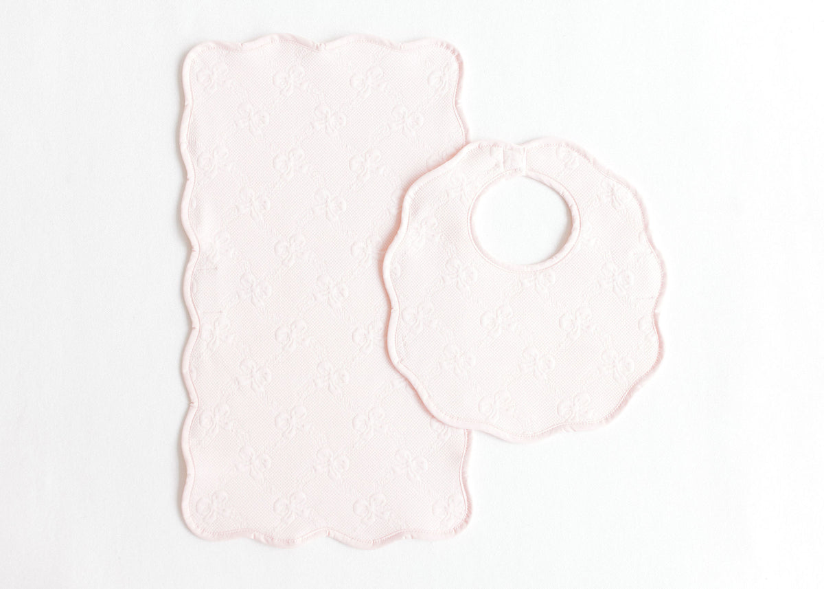 Terry Tots Bib & Burp Set in Pink Jacquard Bows