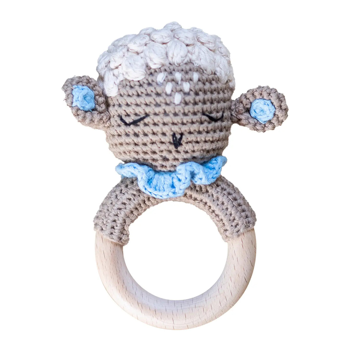 Hand Crochet Lamb Rattle in Toast & Blue