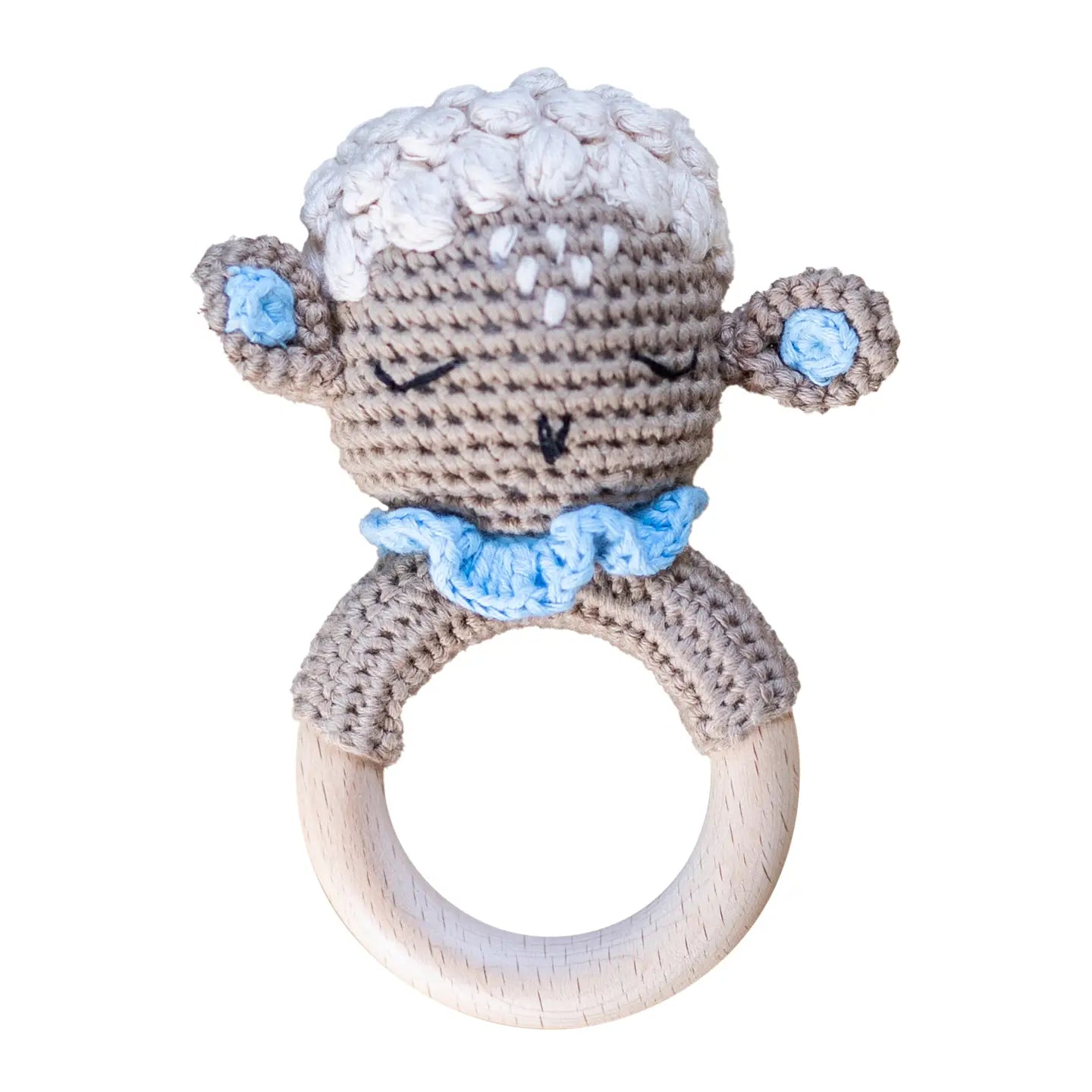 Hand Crochet Lamb Rattle in Toast & Blue