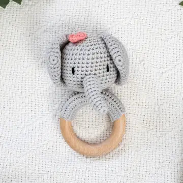 Animal Hand Crochet Rattle- Elephant with Pink Bow