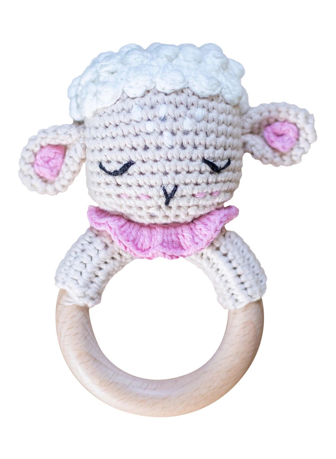 Hand Crochet Lamb Rattle in Ivory & Pink