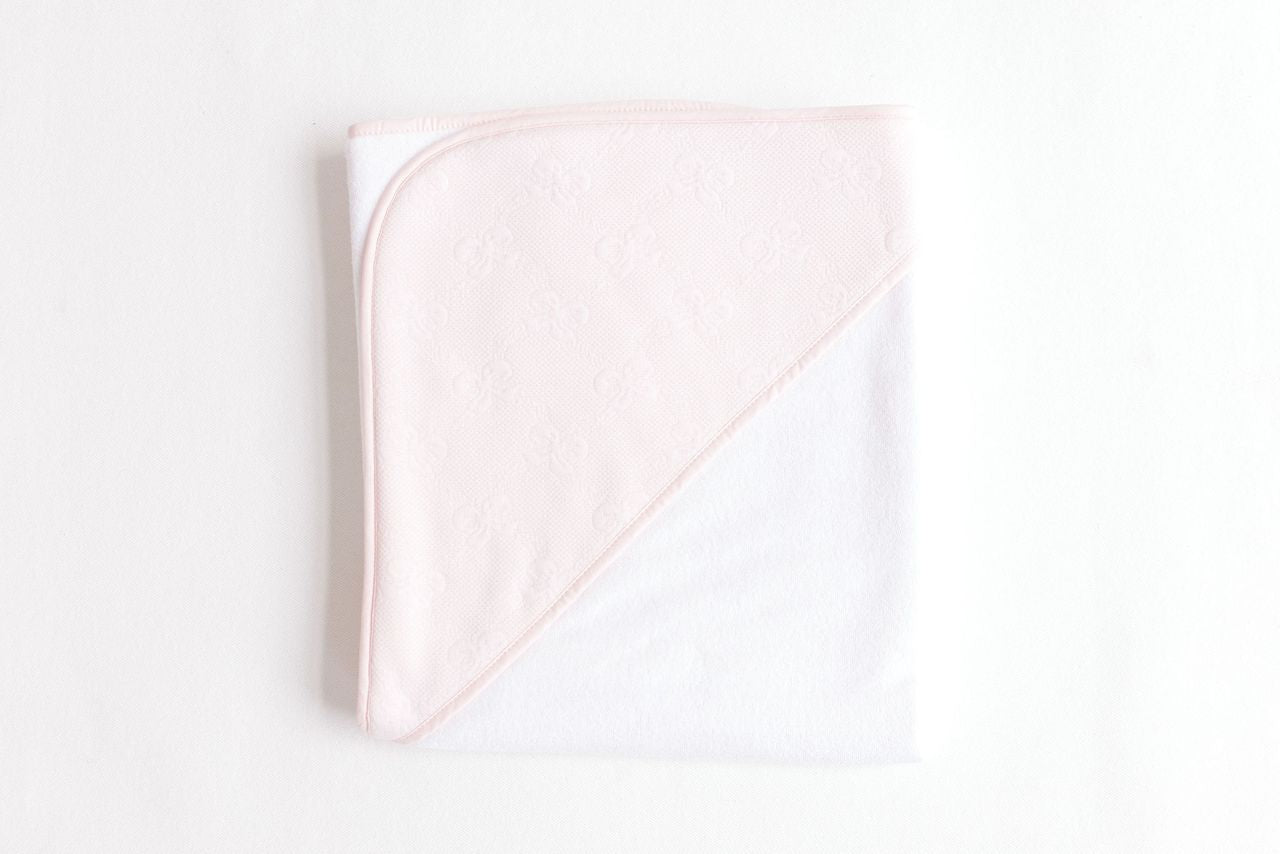 Terry Tots Hooded Towel in White with Pink Jacquard Bows