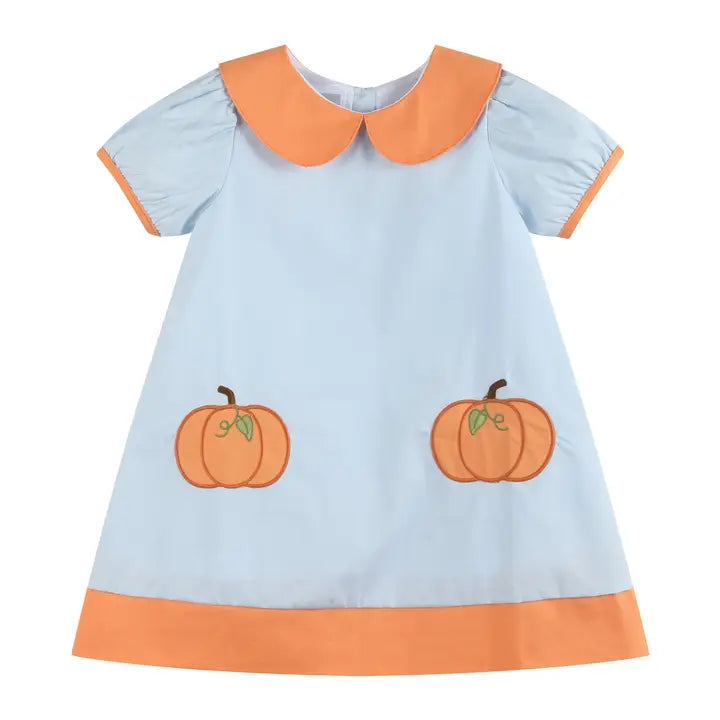 Lil Cactus Light Blue Pumpkin Applique Collared Dress