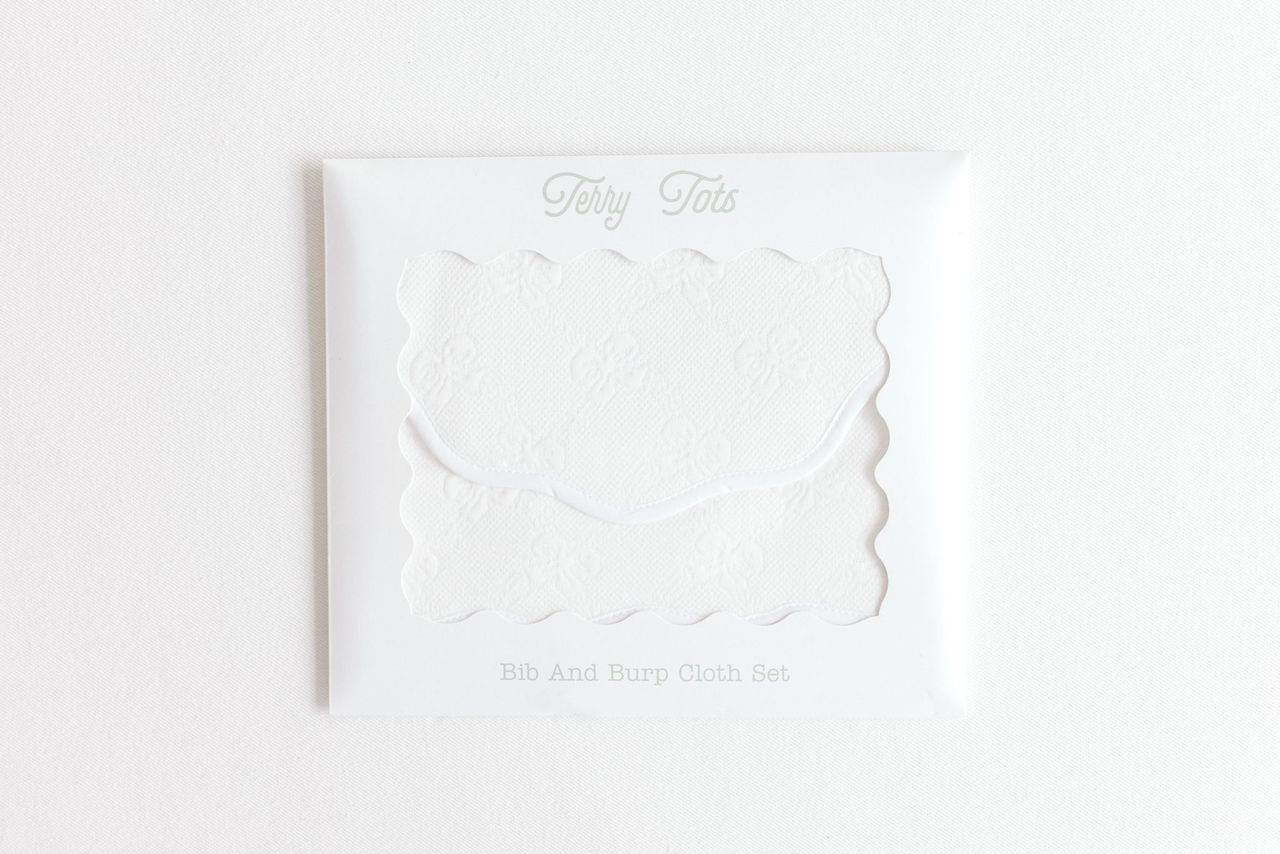 Terry Tots Bib & Burp Set in White Jacquard Bows