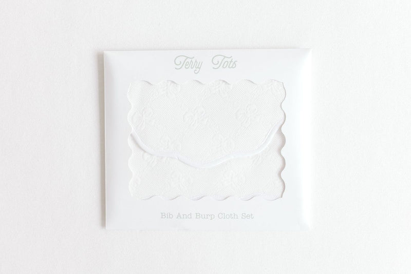 Terry Tots Bib & Burp Set in White Jacquard Bows
