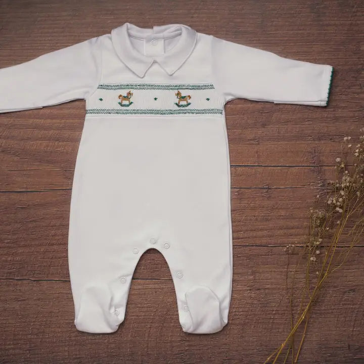 Almudena Baby Green Rocking Horse Smocked Footie