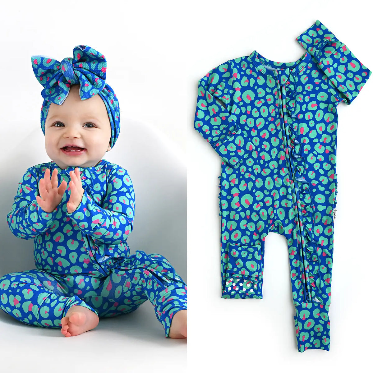 Gigi and Max Miley Leopard Ruffle Zip Bamboo Baby Sleepies Little