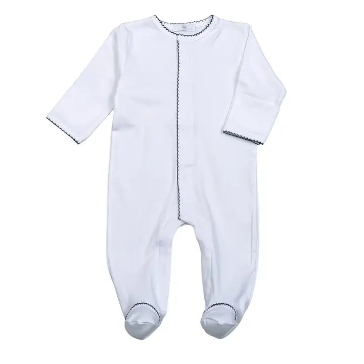 Baby Loren White Pima Footie with Navy Trim