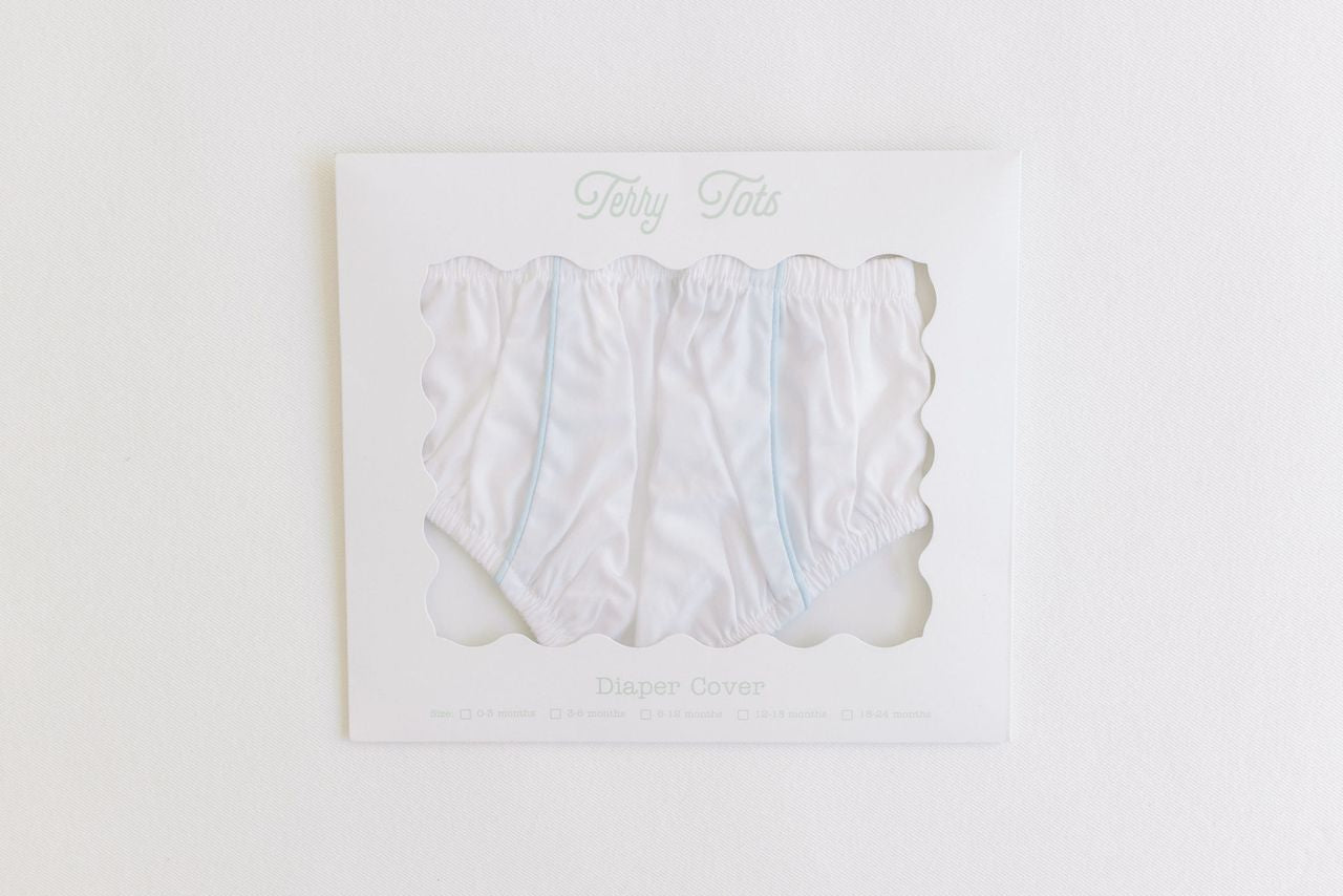 Terry Tots Diaper Cover in White with Blue Trim 0-3 MONTHS