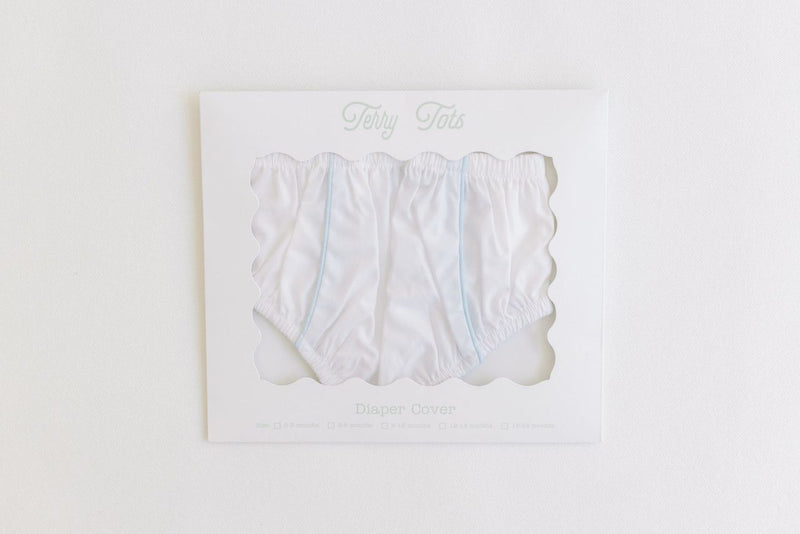 Terry Tots Diaper Cover in White with Blue Trim 0-3 MONTHS