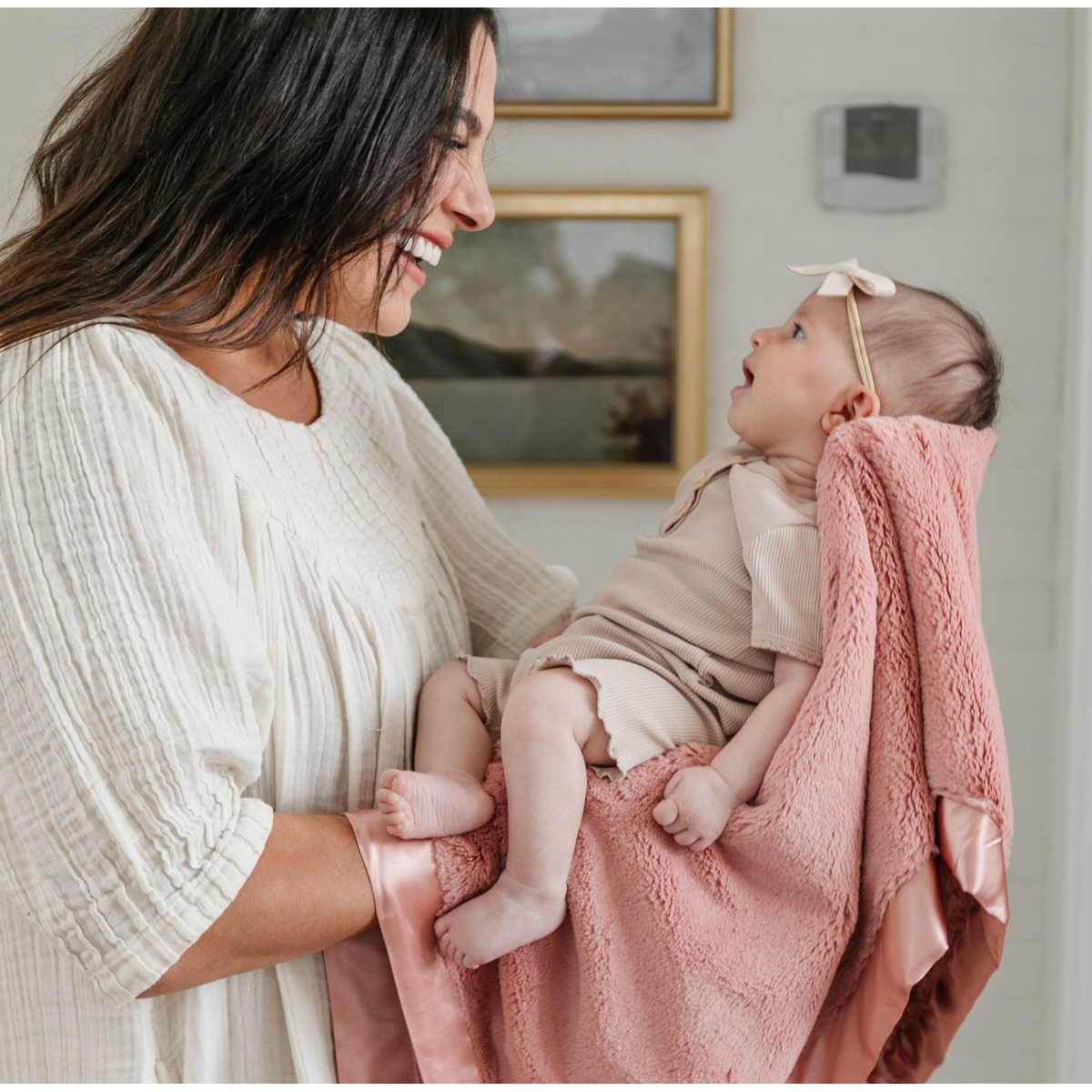 Saranoni Satin Border Lush Receiving Blanket in Dusty Peach