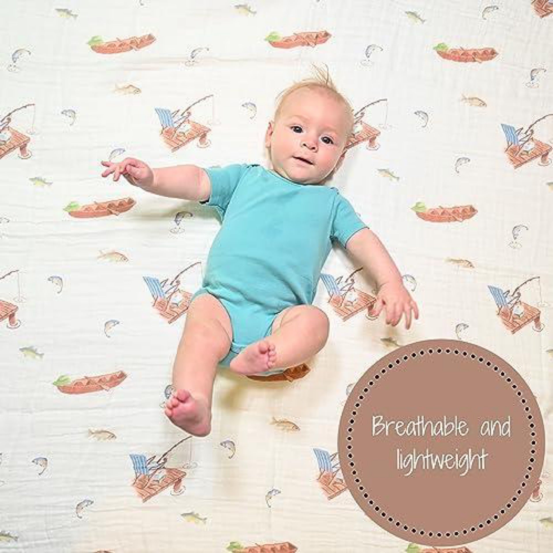 LollyBanks Muslin Swaddle Blanket | 100% Cotton | Fishing