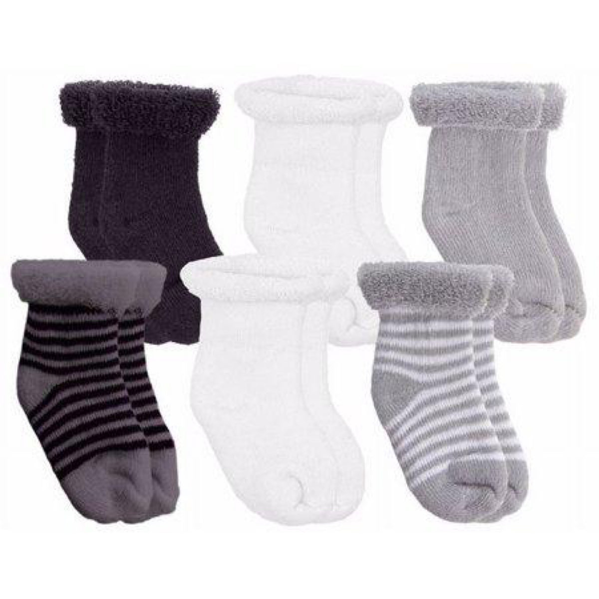 Kushies 6-Pack Grey & Black Terry Infant Striped & Solid Cotton Socks