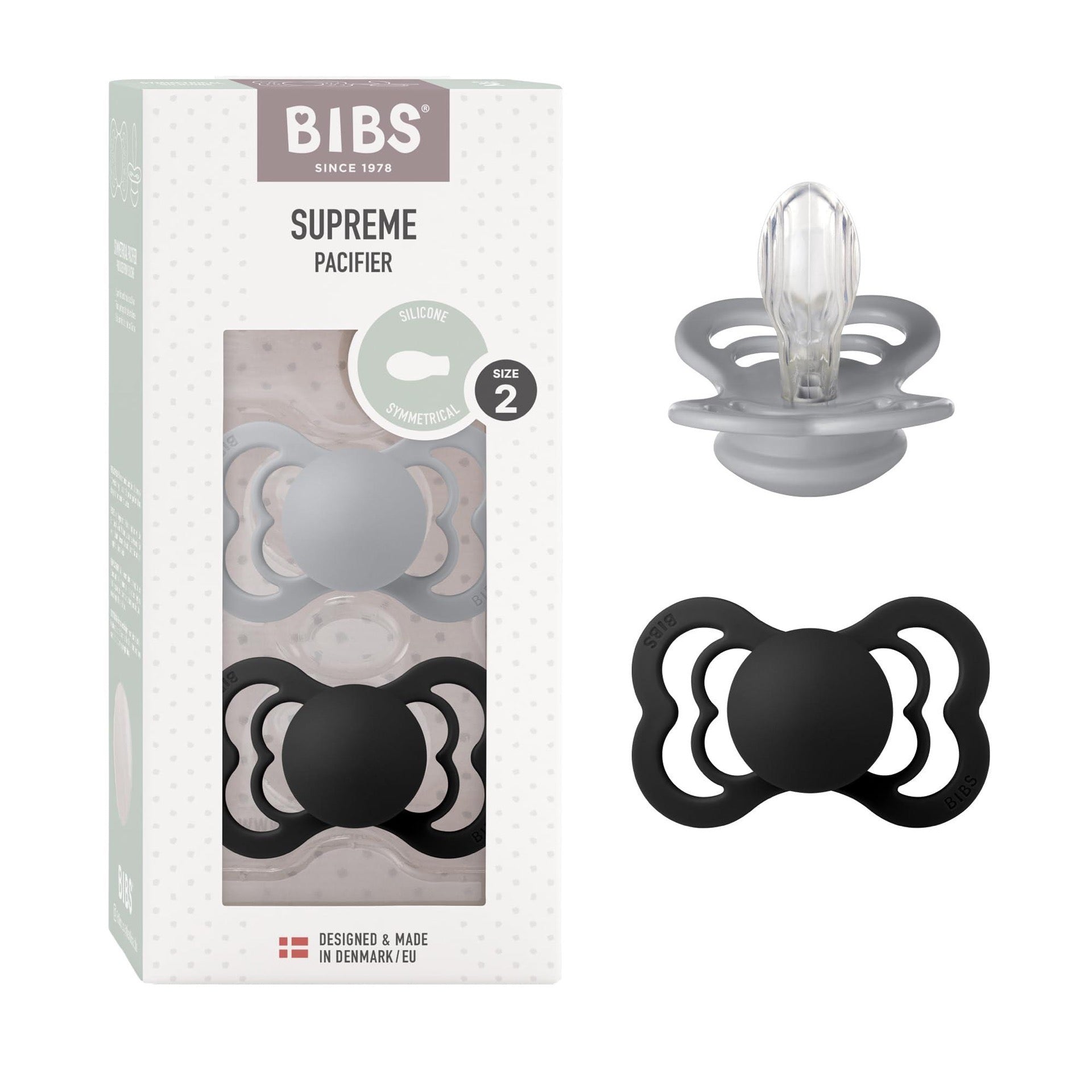 BIBS Supreme Soother 2-Pack, BPA Free Dummy Pacifier, Symmetrical Nipple. Silicone, Size 2 (6-18 Months)