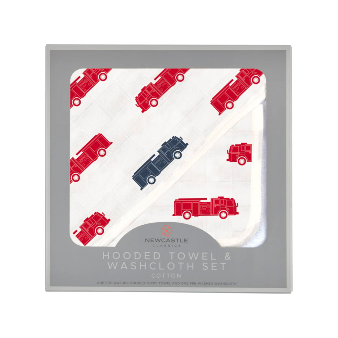 Newcastle Classics Hooded Towel Set (Blue & Red Firetrucks)