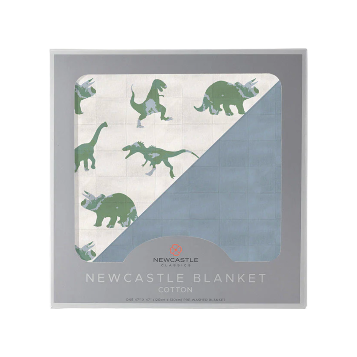 Newcastle Classics Muslin Cotton Blanket (Granite Green Dinosaurs and Blue Fog)