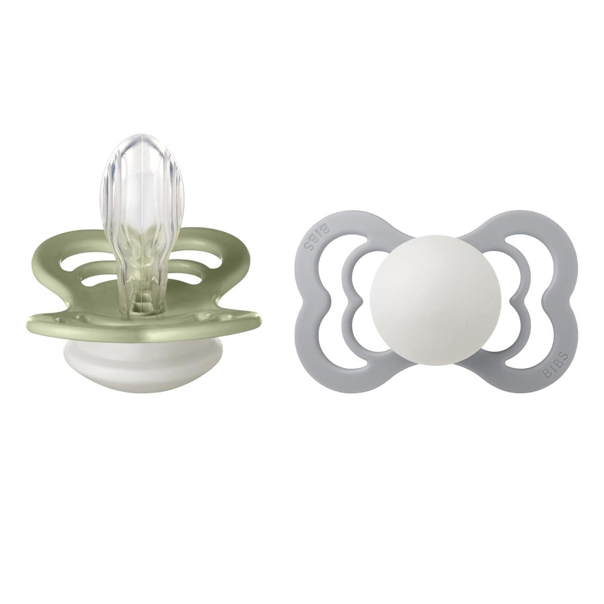 Bibs Supreme Baby Pacifier 2-Pack. Glow in the Dark Size 2 (6-18 Months) (Sage/Cloud)