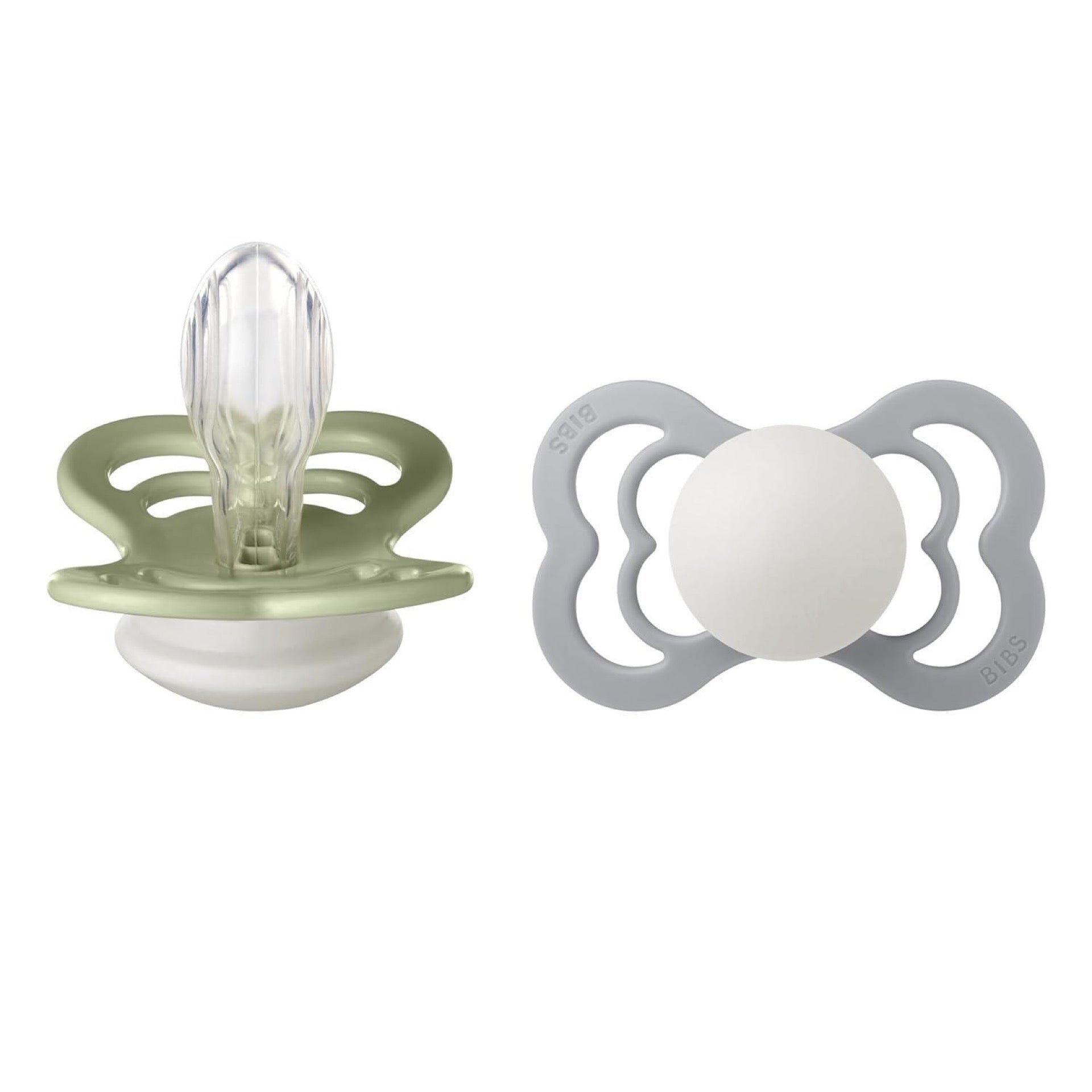 Bibs Supreme Baby Pacifier 2-Pack. Glow in the Dark Size 2 (6-18 Months) (Sage/Cloud)