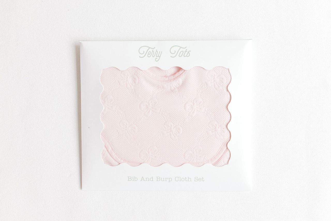 Terry Tots Bib & Burp Set in Pink Jacquard Bows