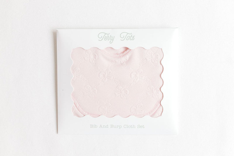 Terry Tots Bib & Burp Set in Pink Jacquard Bows
